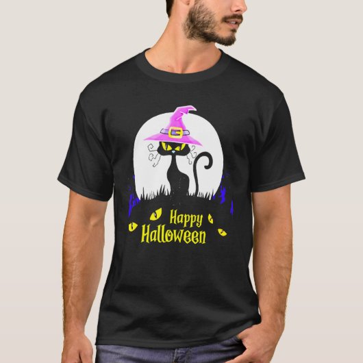 Black Cat Witch Happy Halloween Moon T-shirt (Voorkant)