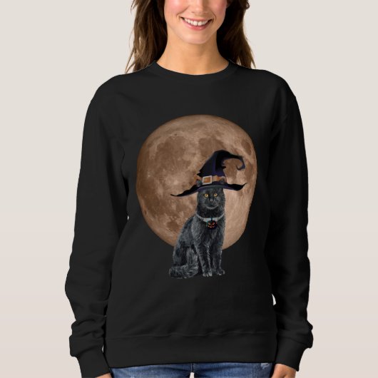 Black Cat Witch Hat Moon Halloween Scary and Fun C Trui (Voorkant)