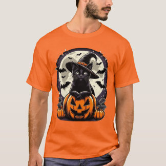 Black Cat Witch op Jack-o'-Lantern Halloween-ontwe T-shirt