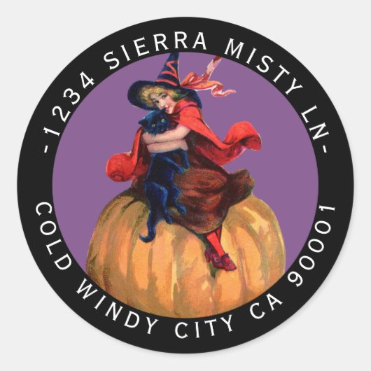 Black Cat Witch retouradres  Halloween Ronde Sticker (Voorkant)