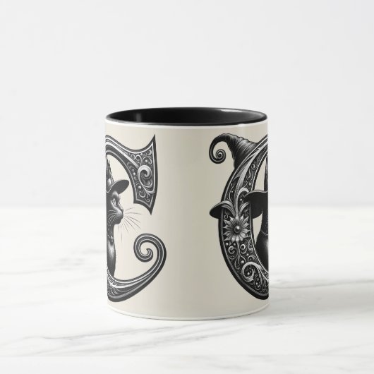 Black Cat Witch Witchy Letter C Custom Initiaal Mok (Midden)