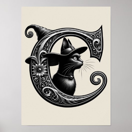 Black Cat Witch Witchy Letter C Custom Initiaal Poster (Voorkant)