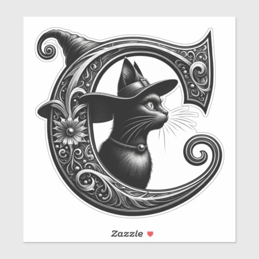 Black Cat Witch Witchy Letter C Custom Initiaal Sticker (Vel)