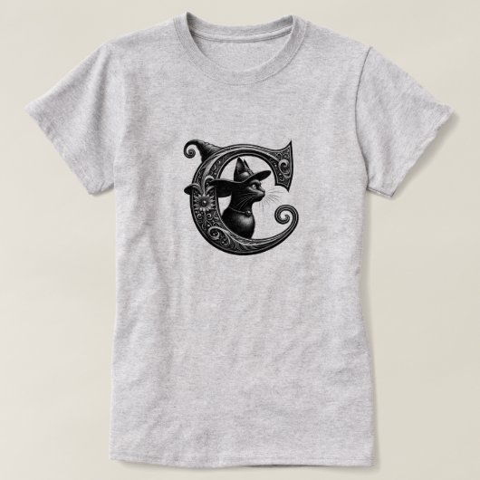 Black Cat Witch Witchy Letter C Custom Initiaal T-shirt (Design voorkant)