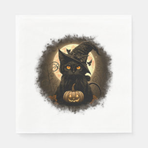 Black Cat Witchy Pumpkin Moon Spooky Halloween Wom Servet