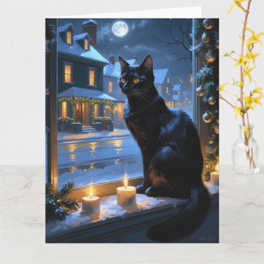 Black Cat With Christmas Lights Holiday Kaart (Gele Bloem)