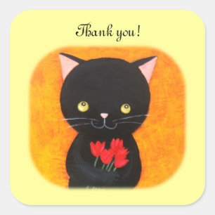 Black Cat with Flowers Bedankt Favor Stickers