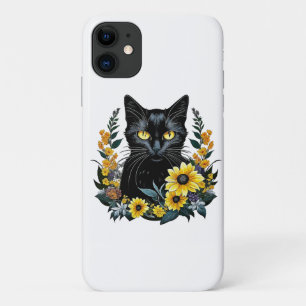black cat with flowers iPhone 11 hoesje