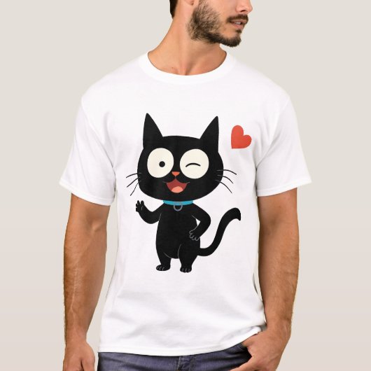Black Cat with Heart Cartoon T-shirt (Voorkant)