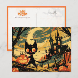 Black Cat with Pumpkin Bucket by the Castle Briefkaart