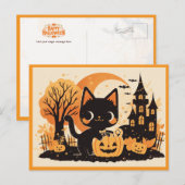 Black Cat with Pumpkin Candy Bucket Briefkaart (Voorkant / Achterkant)