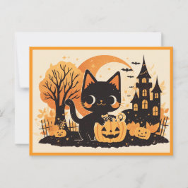 Black Cat with Pumpkin Candy Bucket Briefkaart