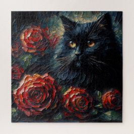Black Cat With Red Roses Gothic Puzzle Legpuzzel