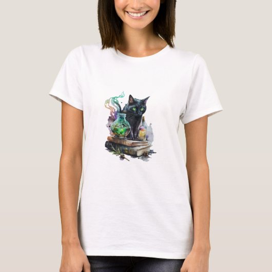 Black Cat Zittend op Boeken Potions Halloween T-shirt (Voorkant)