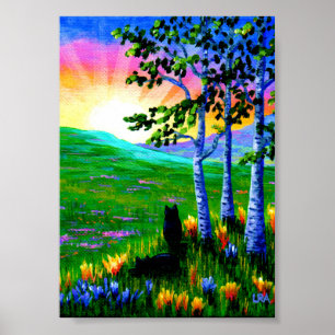 Black Cats Birch Trees Sunset Creationarts Poster