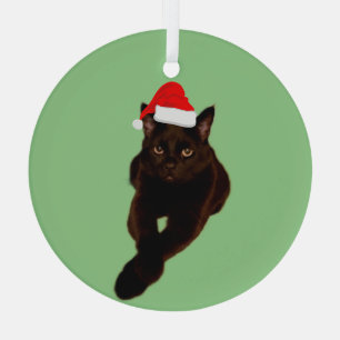 Black Cat's Photo Cutout met Santa Hat Groen Glas Ornament