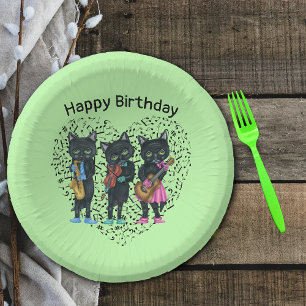 Black Cats Playing Muziek Groene Hart Muzieknoten Papieren Kommen