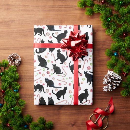 Black Cats with Peppermint Candy Wrapping Paper Cadeaupapier (Feestdagen Geschenken)