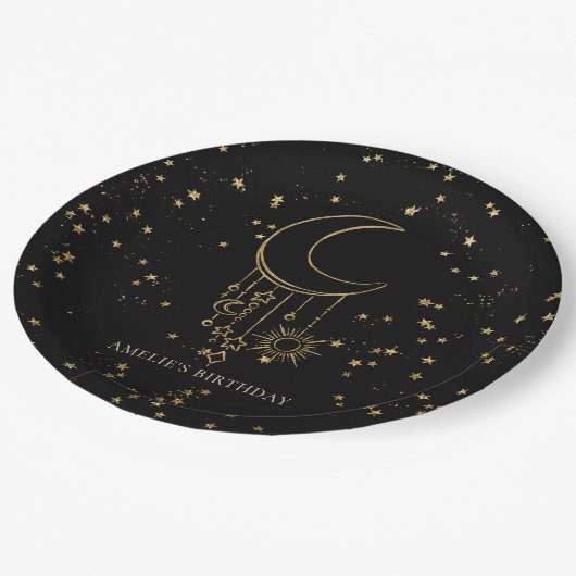 Black Celestial Star Moon Verjaardag Papieren Bordje (Gekanteld)