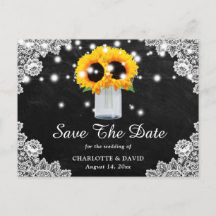 Black Chalkboard Lace Sunflower Save the Date Aankondigingskaart