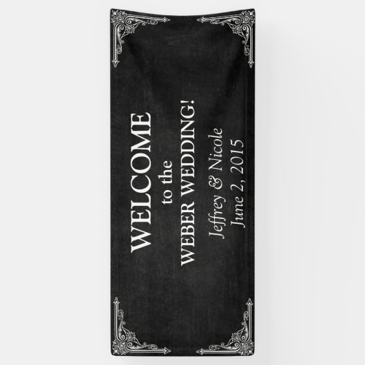 Black Chalkboard Rustic White Flourishes Wedding Spandoek (Verticaal)