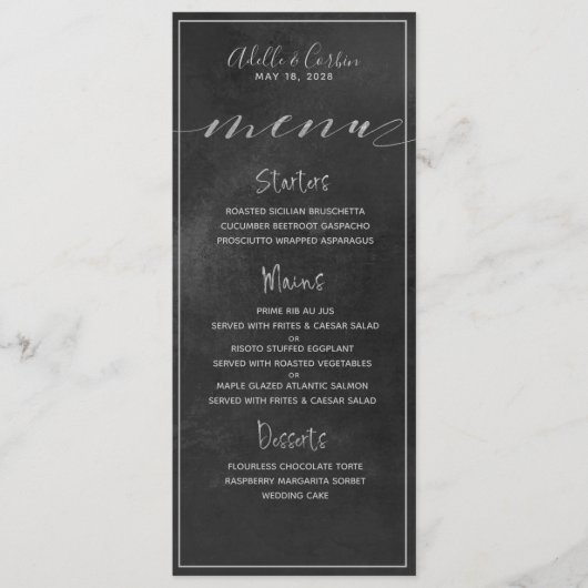 Black Chalkboard Silver Swash Calligraphy Wedding Menu (Voorkant)