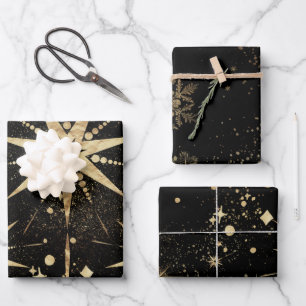 Black & Champagne Gold Starbursts & Stardust Inpakpapier Vel
