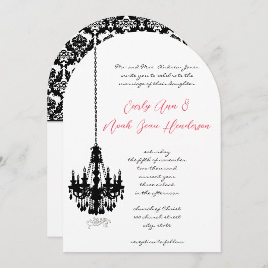 Black Chandelier Damask Wedding Invitations Kaart (Voorkant / Achterkant)