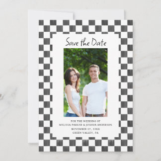Black Checkerboard Photo Save the Date Kaart