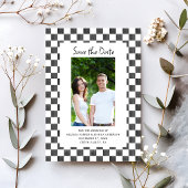 Black Checkerboard Photo Save the Date Kaart