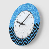 Black Chevron Blue Faux Glitter Grote Klok (Hoek)