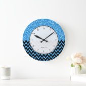Black Chevron Blue Faux Glitter Grote Klok (Huis)
