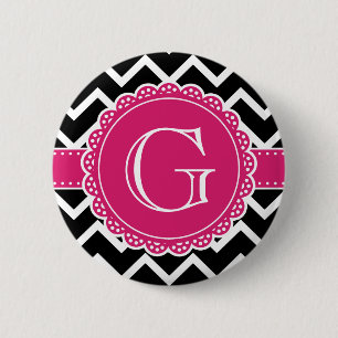 Black Chevron Hot Pink Flower Monogram zwart Ronde Button 5,7 Cm