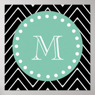 Black Chevron Pattern   Munt Green Monogram Poster