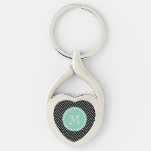 Black Chevron Pattern Munt Green Monogram Sleutelhanger