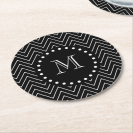 Black Chevron Pattern | Zwart monogram Ronde Kartonnen Onderzetter