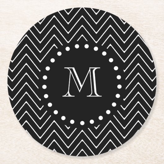 Black Chevron Pattern | Zwart monogram Ronde Kartonnen Onderzetter (Voorkant)