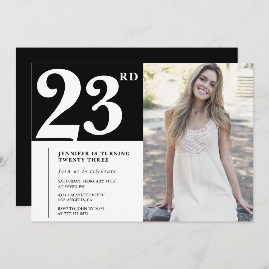 Black Chic Foto 23e verjaardag Uitnodigingen (Voorkant / Achterkant)