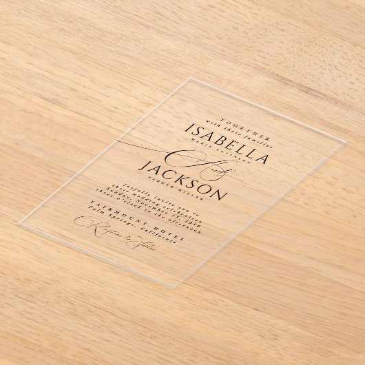 Black Chic Modern Clear Script Wedding Acryl Uitnodigingen (Laagn)