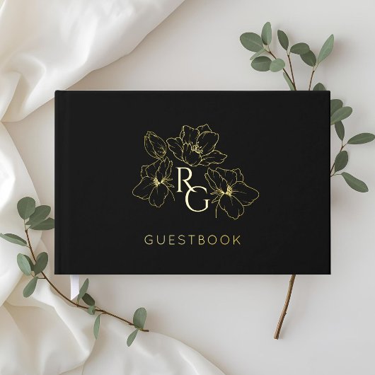 Black | Chic Monogram Mariage livre d'hôtes