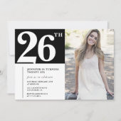 Black Chic Photo 26e anniversaire Invitations (Devant)