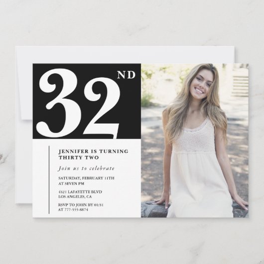 Black Chic Photo 32e anniversaire Invitations (Devant)
