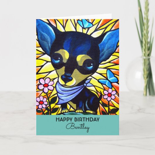 Black Chihuahua Birthday Dog Teal Artwork Kaart (Voorkant)