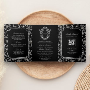 Black Chinoiserie Crest QR Code Huwelijk Drieluik Uitnodiging