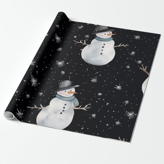 Black Christmas Night Snowman Cadeaupapier (Uitgerold)