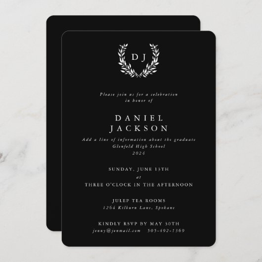 Black Classic Monogram Laurel WreatAfstuderen Kaart (Voorkant / Achterkant)