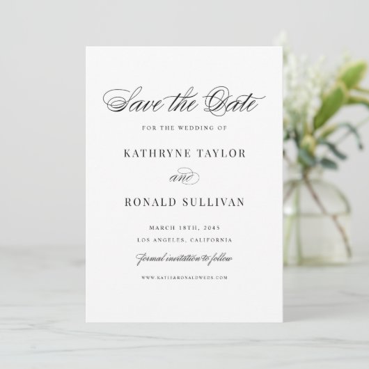 Black Classic Script Typografie Save The Date (Staand voorkant)