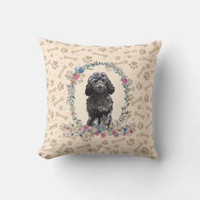 Black Cockapoo Dog Paw Print & Floral Cute Kussen (Voorkant)