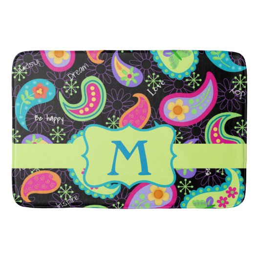 Black Colorful Monogram Modern Paisley Pattern Badmat (Voorkant)
