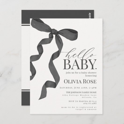 Black Coquette Bow fille Baby shower Invitation (Devant / Derrière)